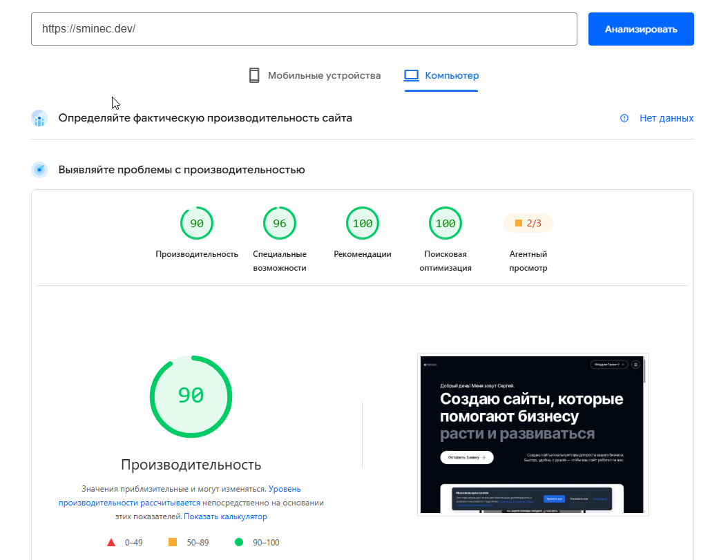 Отчёт PageSpeed Insights для сайта sminec.dev: 90 производительность, 96 специальные возможности, 100 рекомендации, 100 поисковая оптимизация